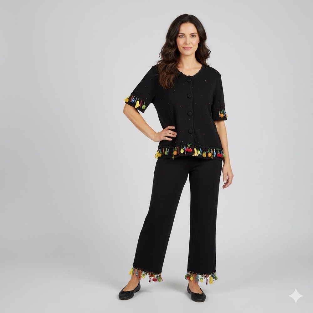 Vintage Michael Simon Black Short Sleeved Sweater Sets Beaded Fringe Fruit Sz M